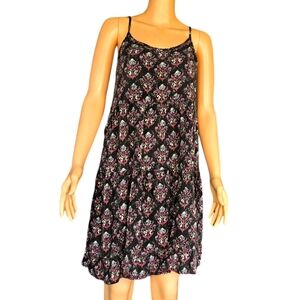 Simple spaghetti strap Sun dress Sz Large Black with Pink + White floral pattern